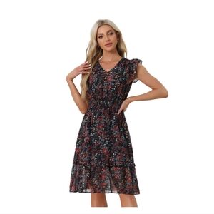 Chic Floral Midi Dress in Black and Red